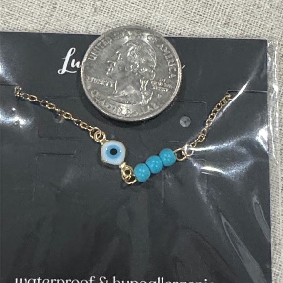 Gold Evil Eye Bracelet – Dainty Chain, Blue Beads, Stainless Steel - Picture 2 of 2